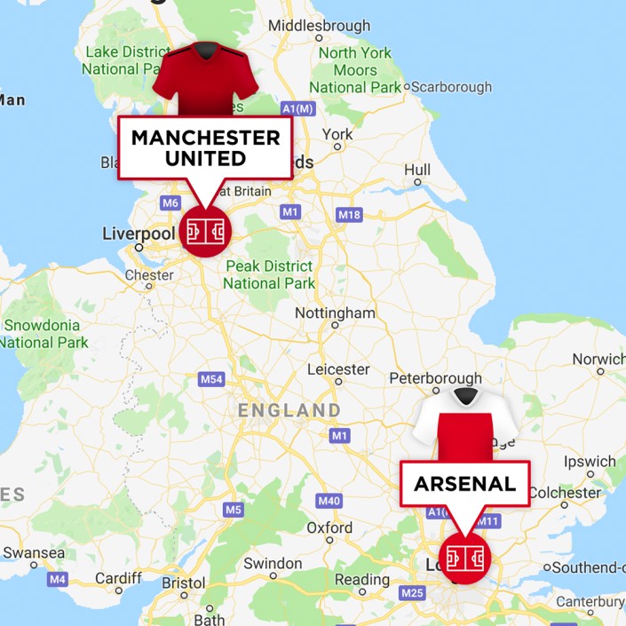 Map of Manchester United & Arsenal Stadiums