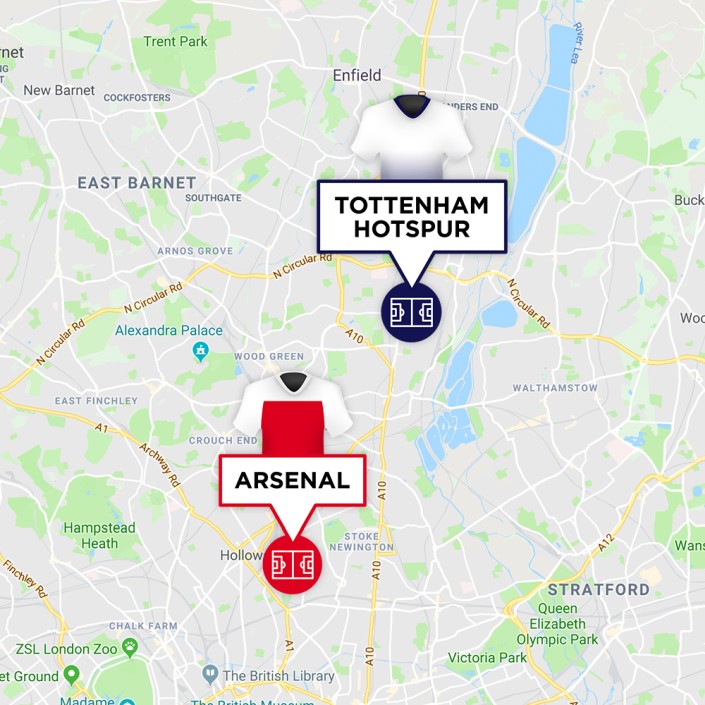 Map of Arsenal & Tottenham Hotspur Stadiums