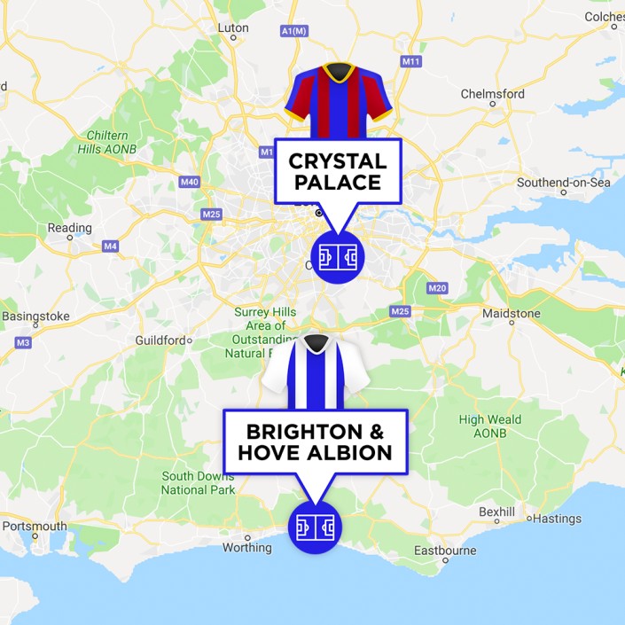 Map of Crystal Palace & Brighton Stadiums