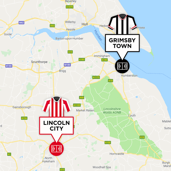 Map of Grimsby Town & Lincoln City Stadiums